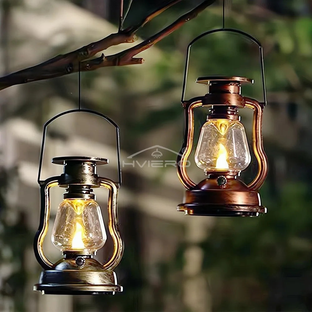 Outdoor Solar Lamp Energ LED Camping Retro Lantern Portable Kerosene light Decorative Waterproof Garden Park Hung Smart Lighting